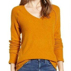 NWOT Caslon Mustard Yellow/Gold Oversize Cozy Rib Raglan Sleeve Deep V-neck Top
